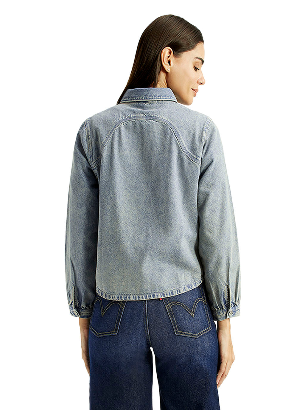 Women's Solid Indigo Relaxed Fit Denim Shirt - Back View