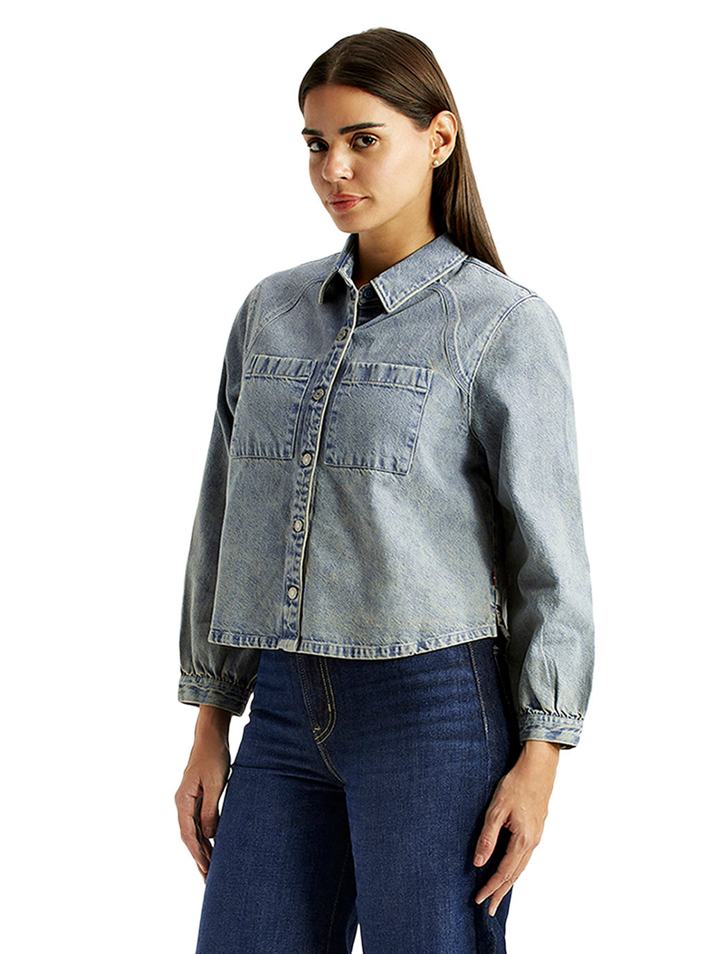 Women's Solid Indigo Relaxed Fit Denim Shirt - Side View
