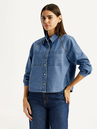 Women's Solid Blue Spread Collar Shirt