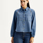 Women's Solid Blue Spread Collar Shirt - Front View