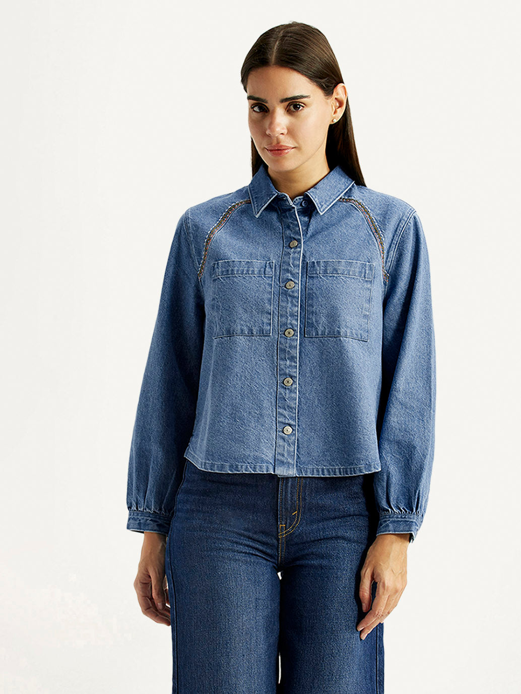 Women's Solid Blue Spread Collar Shirt - Front View