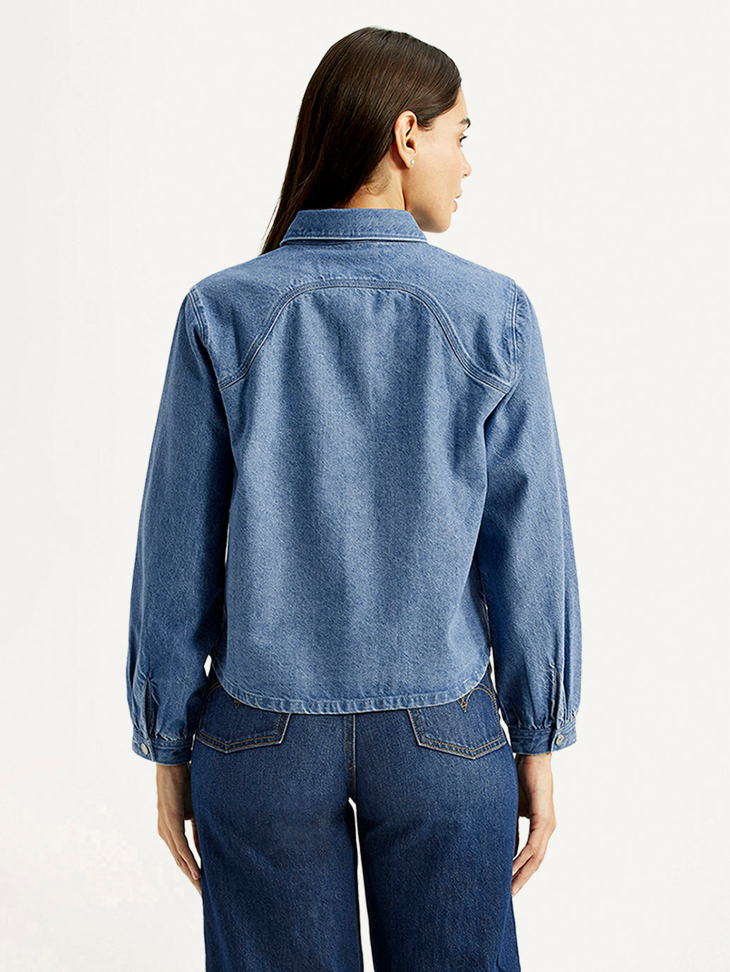 Women's Solid Blue Spread Collar Shirt - Back View