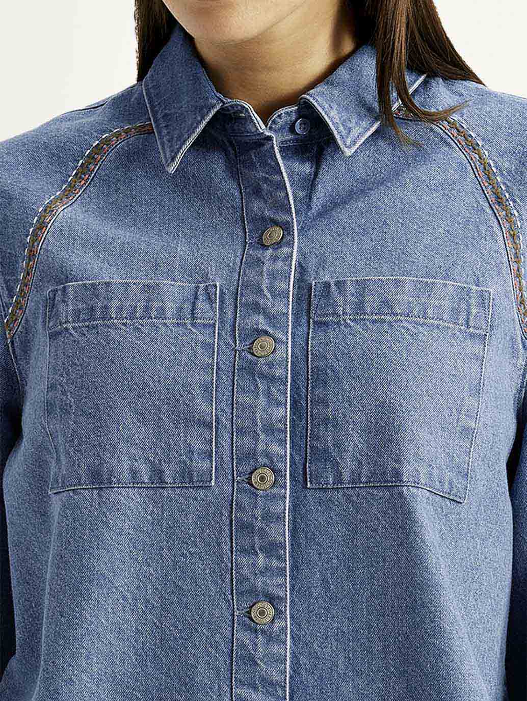 Women's Solid Blue Spread Collar Shirt - Detail View