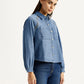 Women's Solid Blue Spread Collar Shirt - Side View