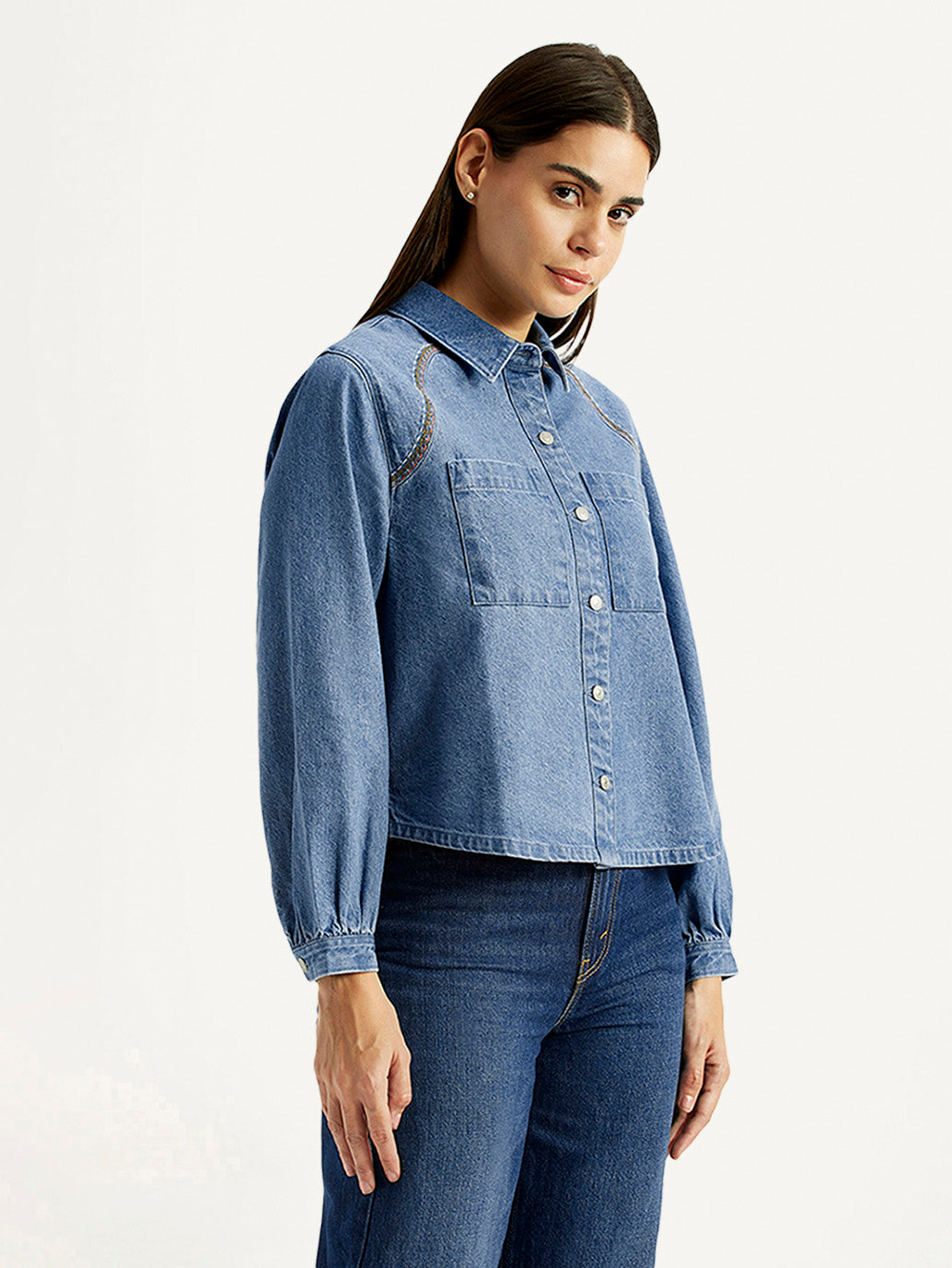 Women's Solid Blue Spread Collar Shirt - Side View