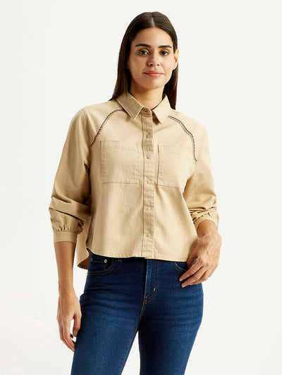 Women's Solid Beige Spread Collar Relaxed Fit Shirt