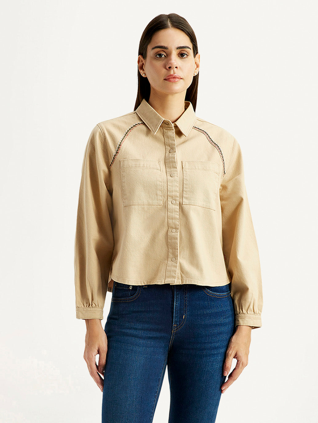 Women's Solid Beige Spread Collar Relaxed Fit Shirt - Front View
