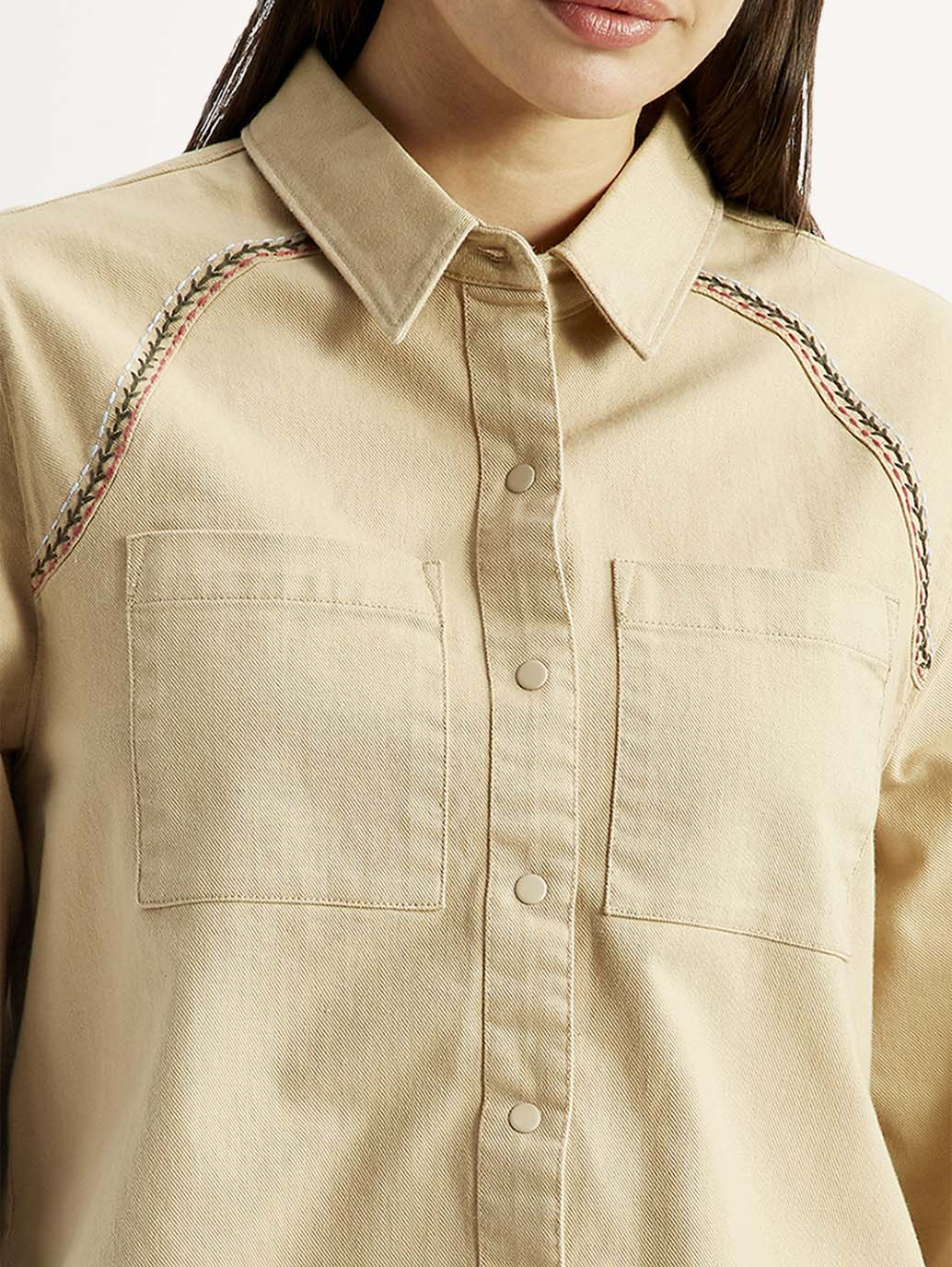 Women's Solid Beige Spread Collar Relaxed Fit Shirt - Detail View