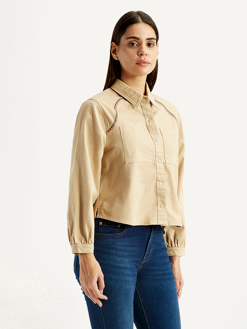 Women's Solid Beige Spread Collar Relaxed Fit Shirt - Side View