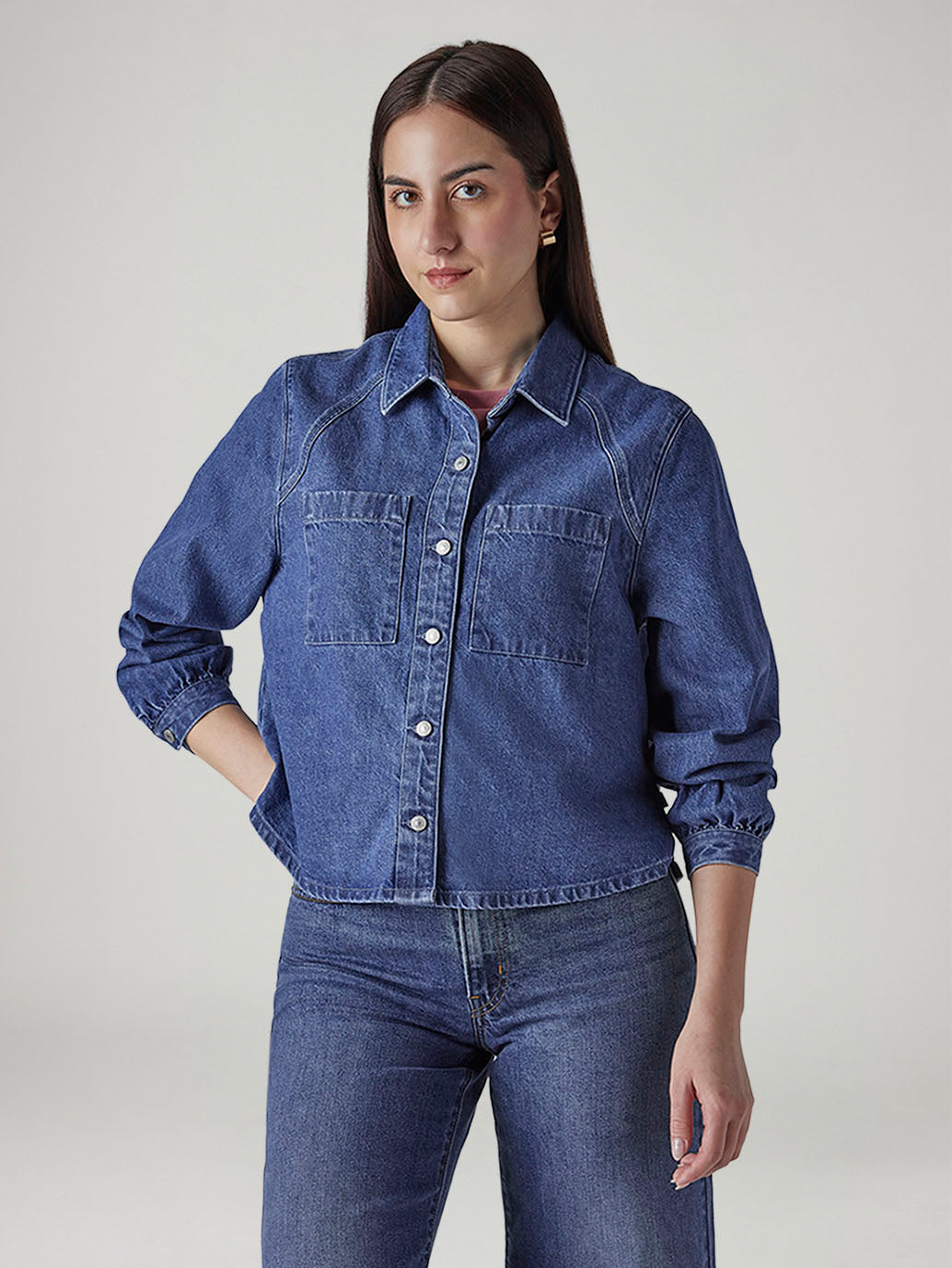 Women's Solid Relaxed Fit Denim Shirt - Front View
