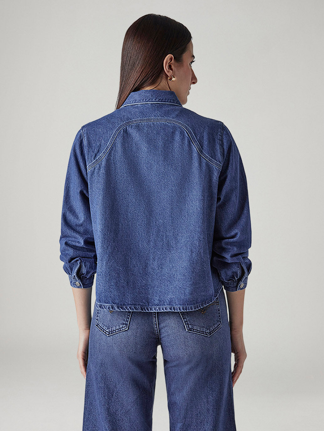Women's Solid Relaxed Fit Denim Shirt - Back View