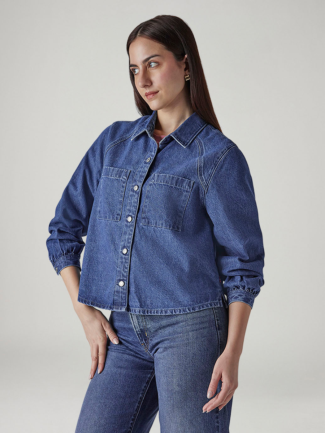 Women's Solid Relaxed Fit Denim Shirt - Side View