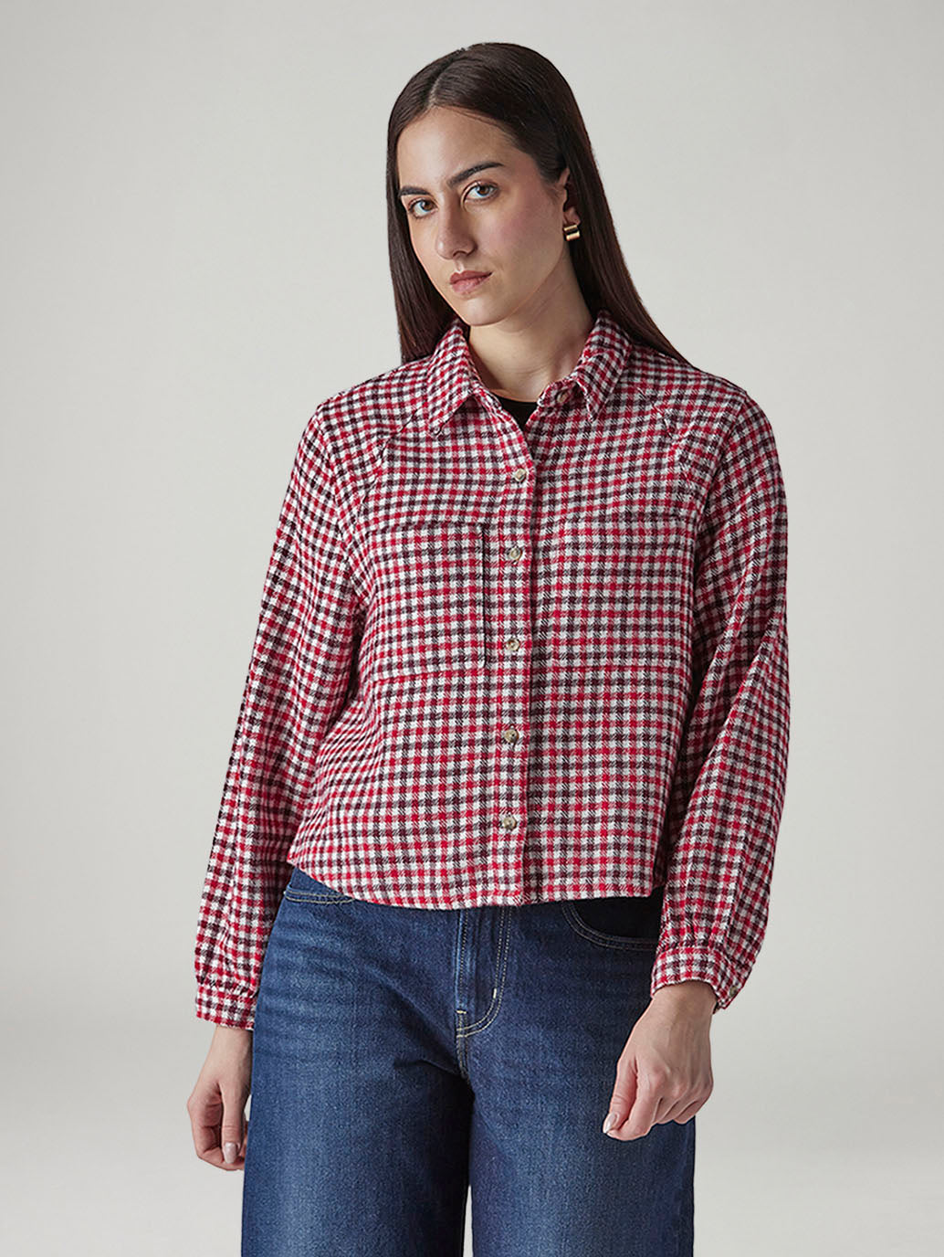 Women's Gingham Relaxed Fit Overshirt - Front View