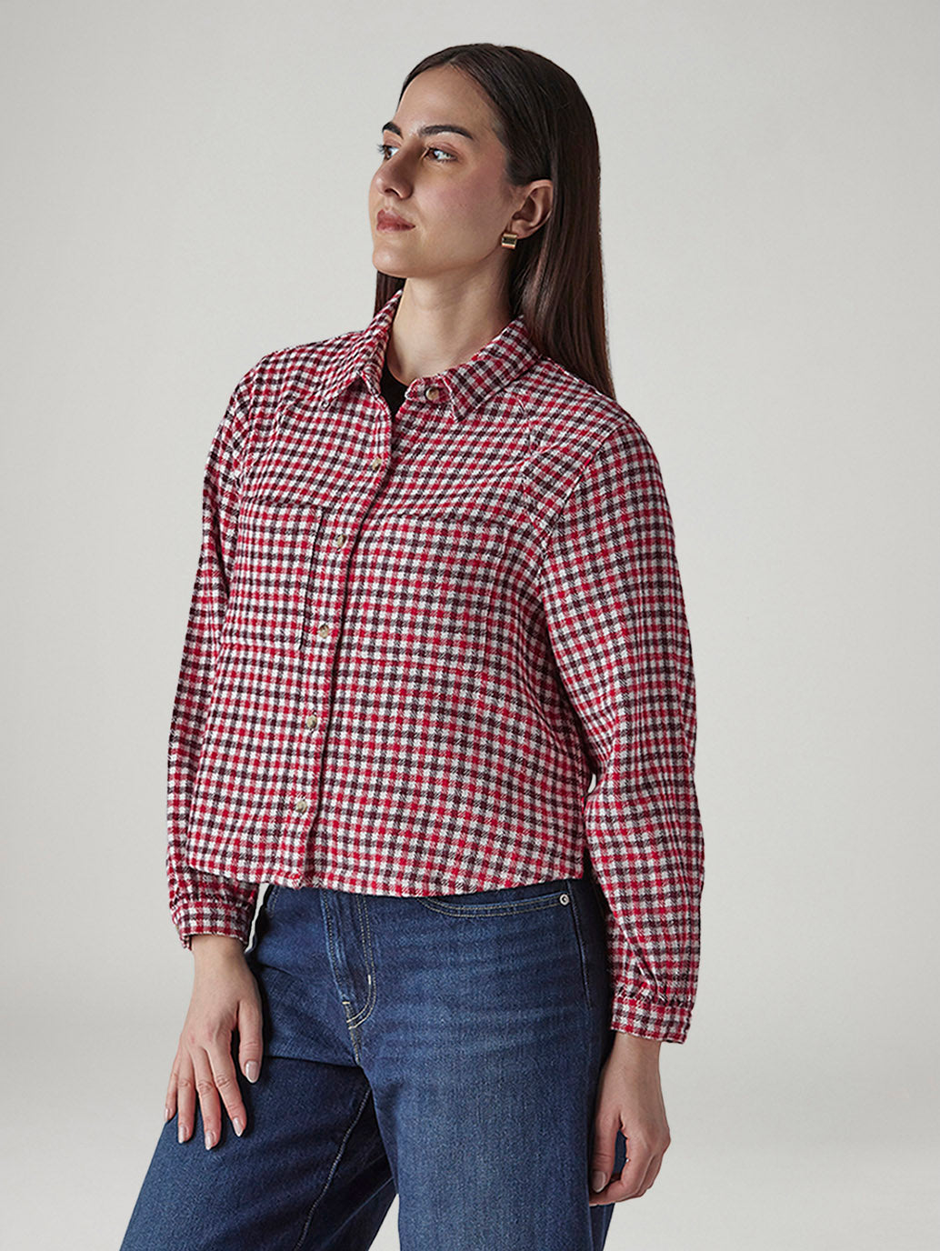 Women's Gingham Relaxed Fit Overshirt - Side View