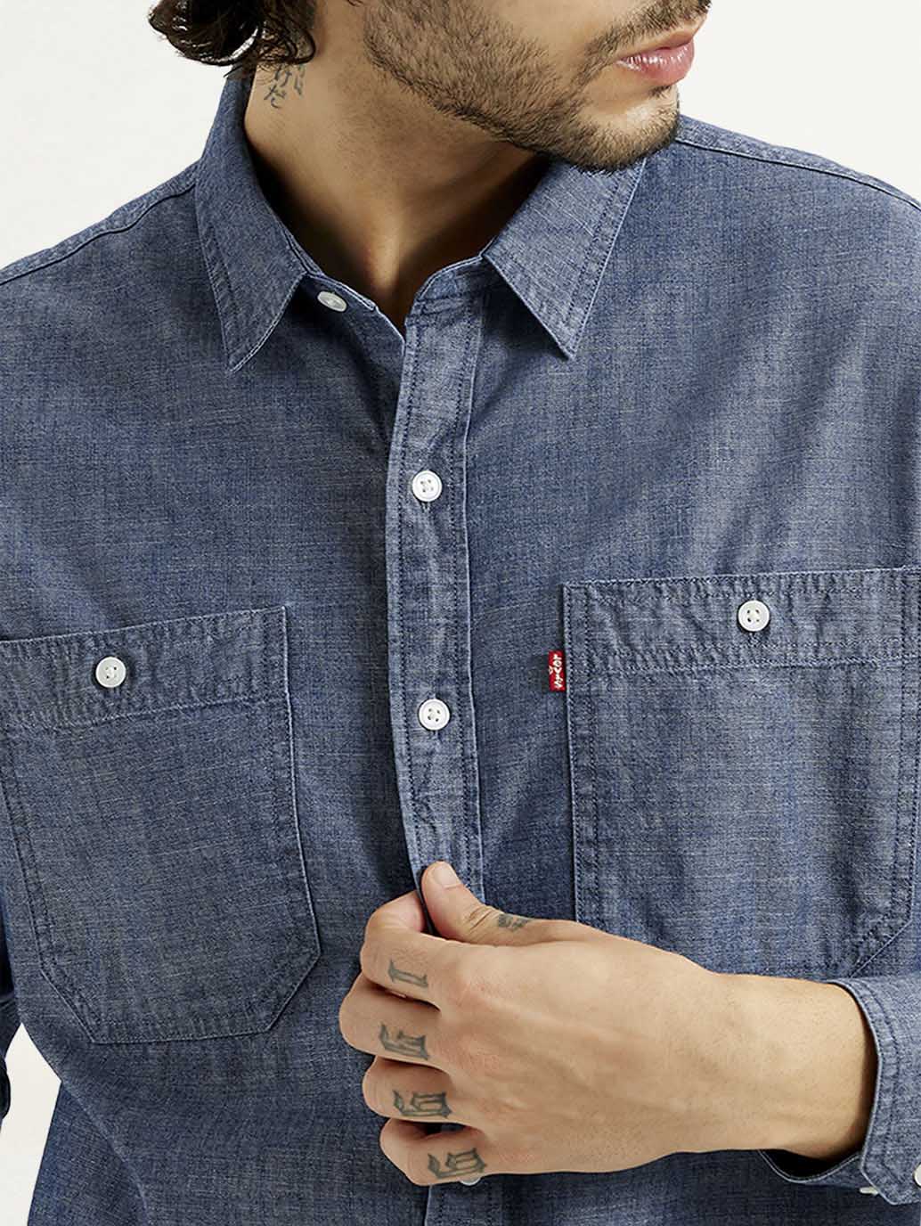 Men's Solid Blue Slim Fit Shirt - Detail View