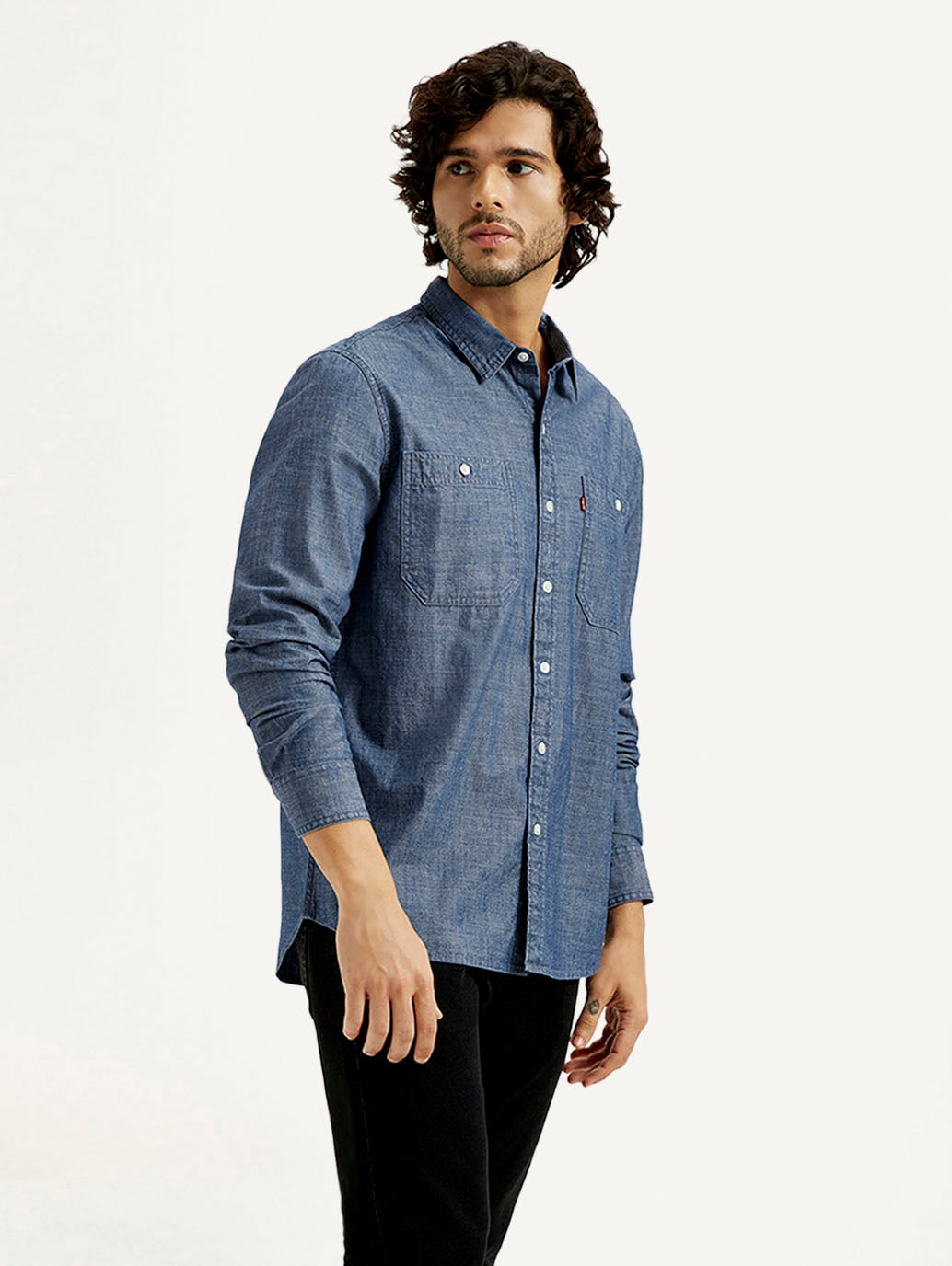 Men's Solid Blue Slim Fit Shirt - Side View