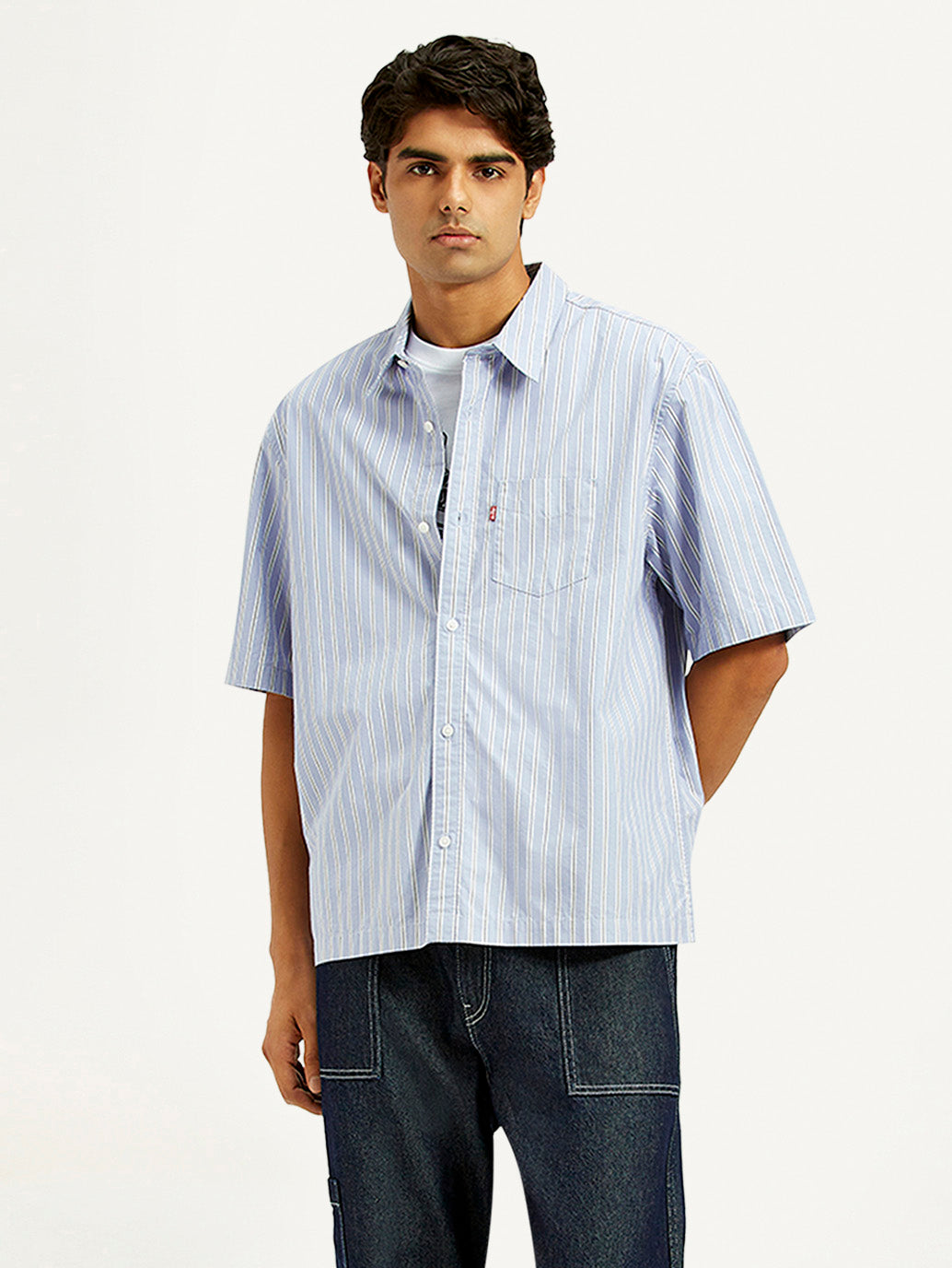 Men's Striped Light Blue Spread Collar Shirt - Styleshot View