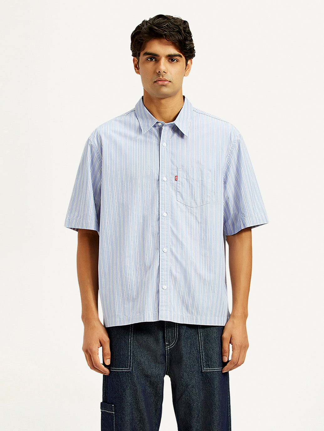 Men's Striped Light Blue Spread Collar Shirt - Front View