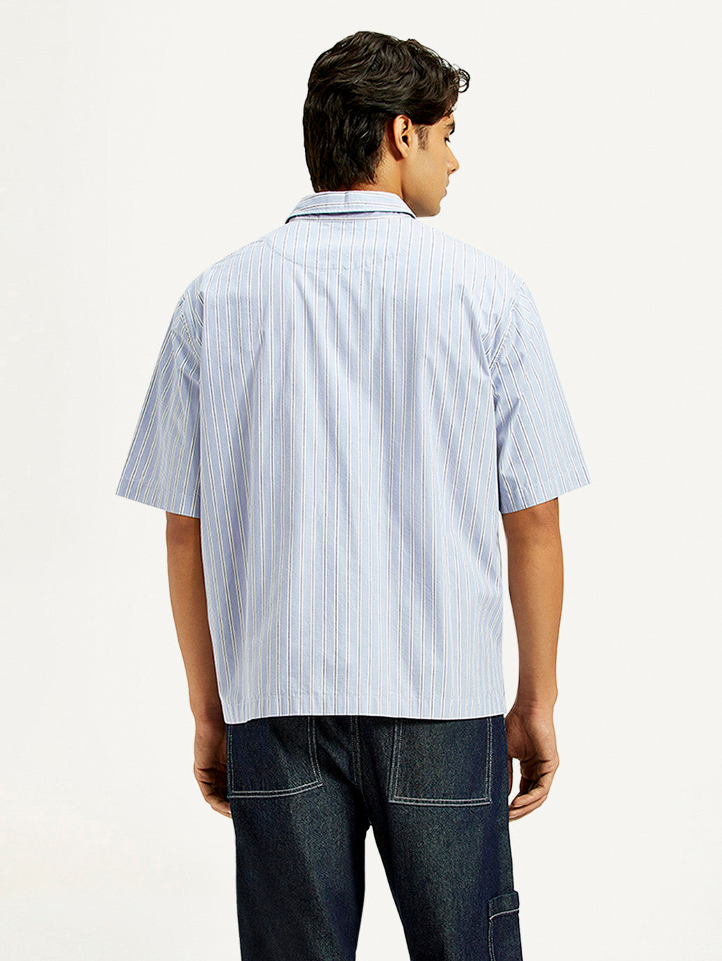 Men's Striped Light Blue Spread Collar Shirt - Back View