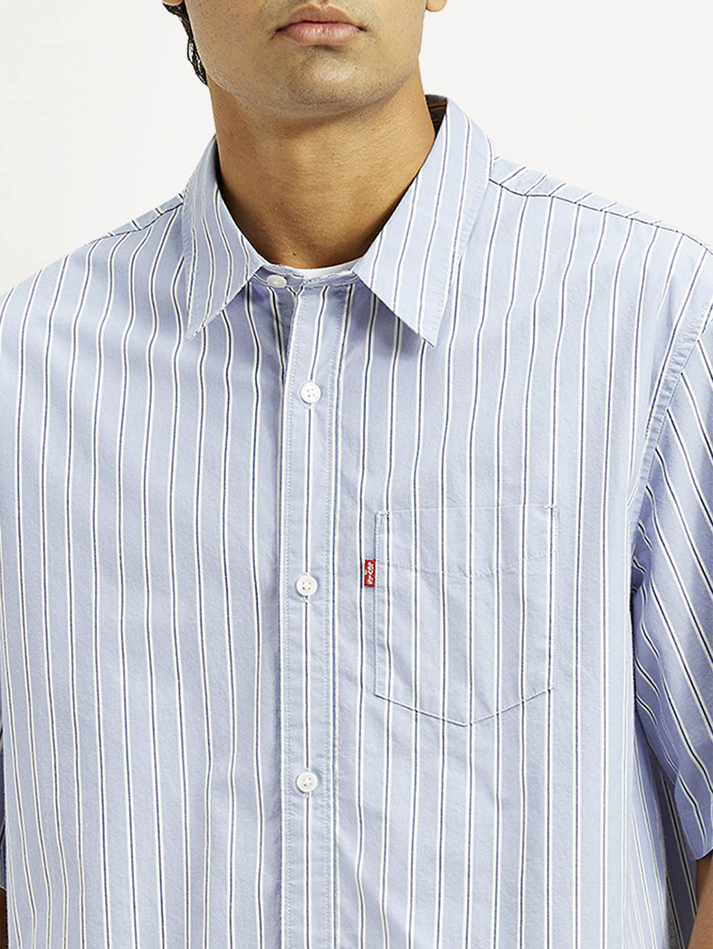 Men's Striped Light Blue Spread Collar Shirt - Detail View