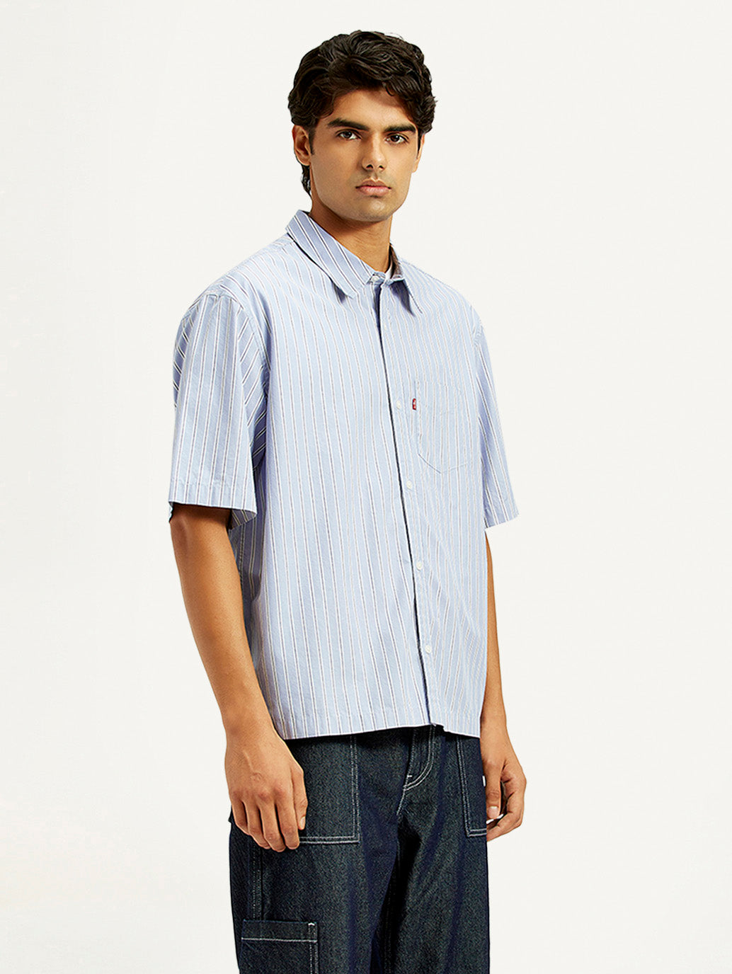 Men's Striped Light Blue Spread Collar Shirt - Side View