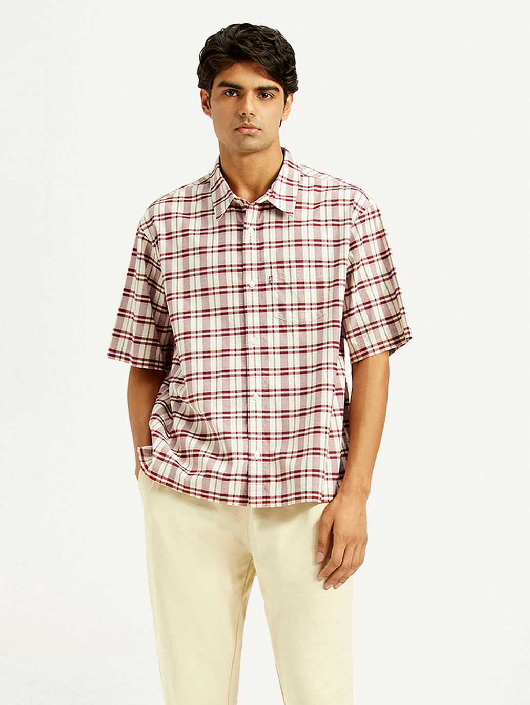Men's Checkered White Spread Collar Shirt