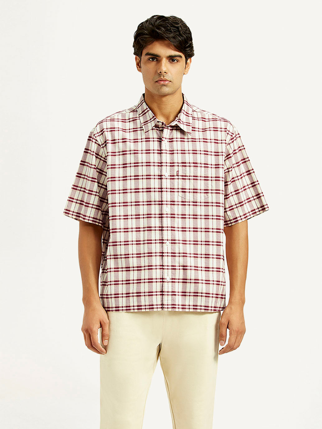 Men's Checkered White Spread Collar Shirt - Front View