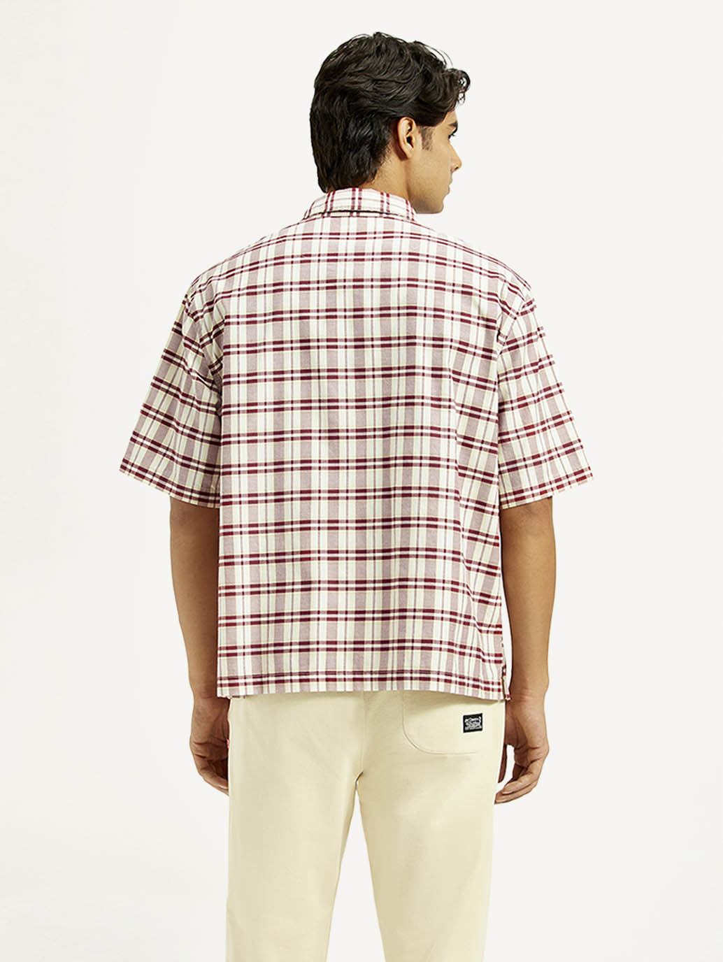 Men's Checkered White Spread Collar Shirt - Back View