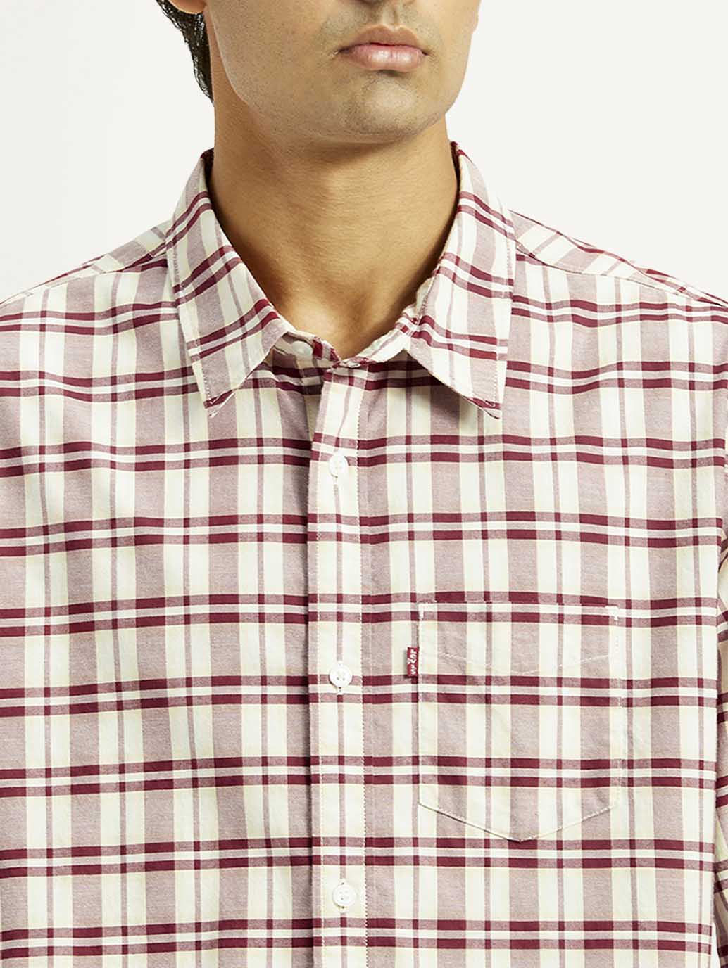 Men's Checkered White Spread Collar Shirt - Detail View
