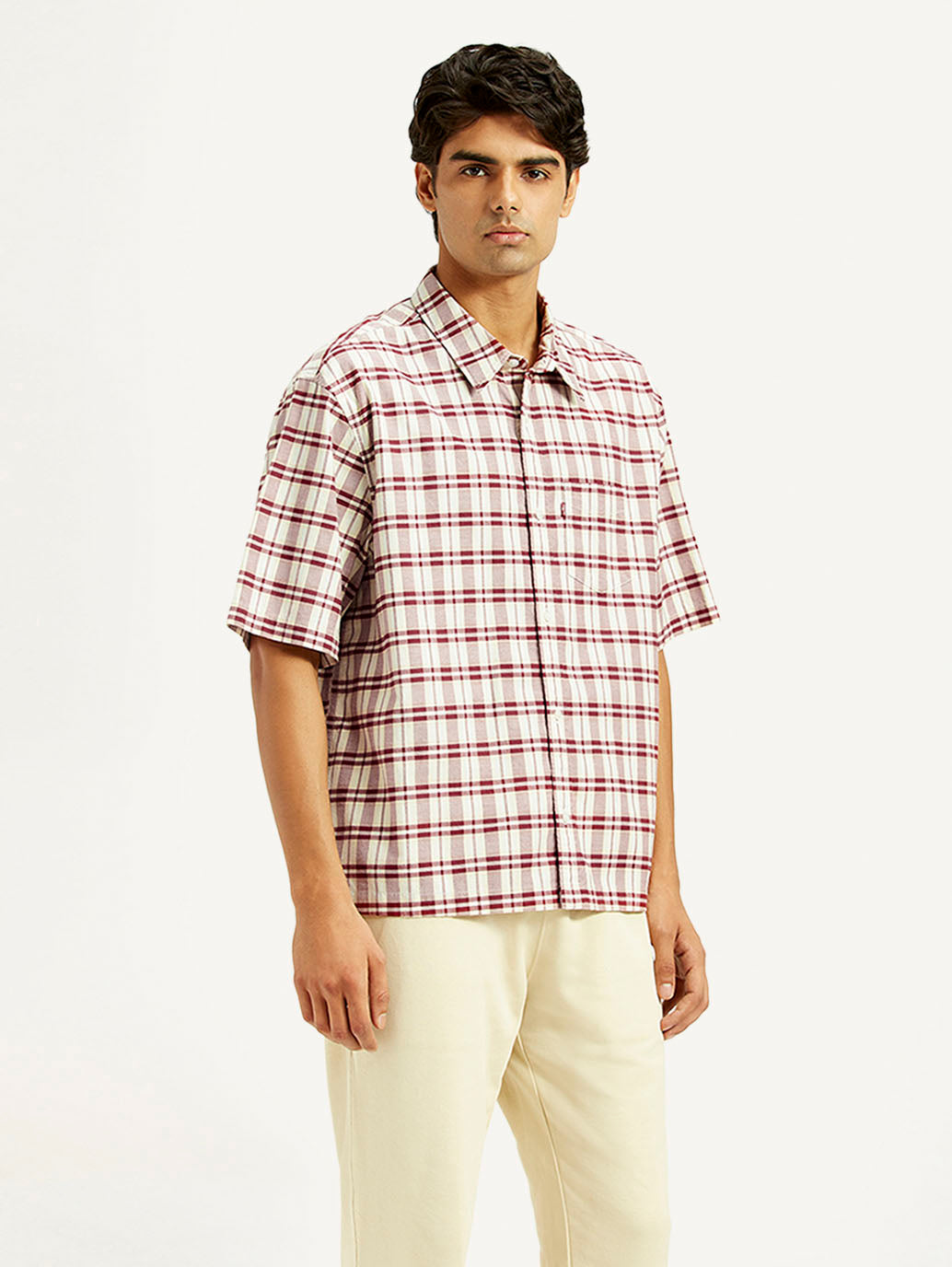 Men's Checkered White Spread Collar Shirt - Side View
