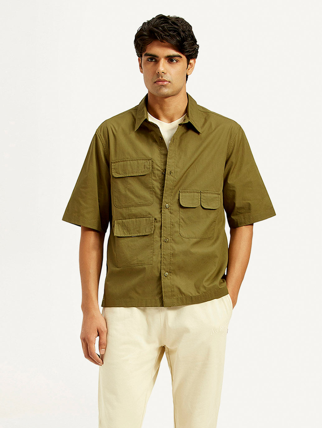Men's Solid Olive Spread Collar Shirt