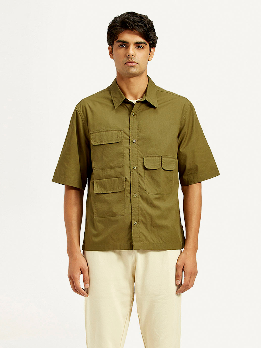 Men's Solid Olive Spread Collar Shirt - Front View