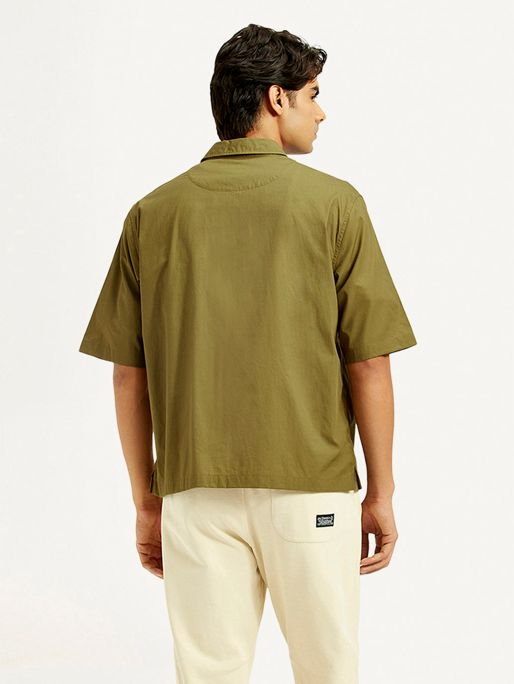 Men's Solid Olive Spread Collar Shirt - Back View