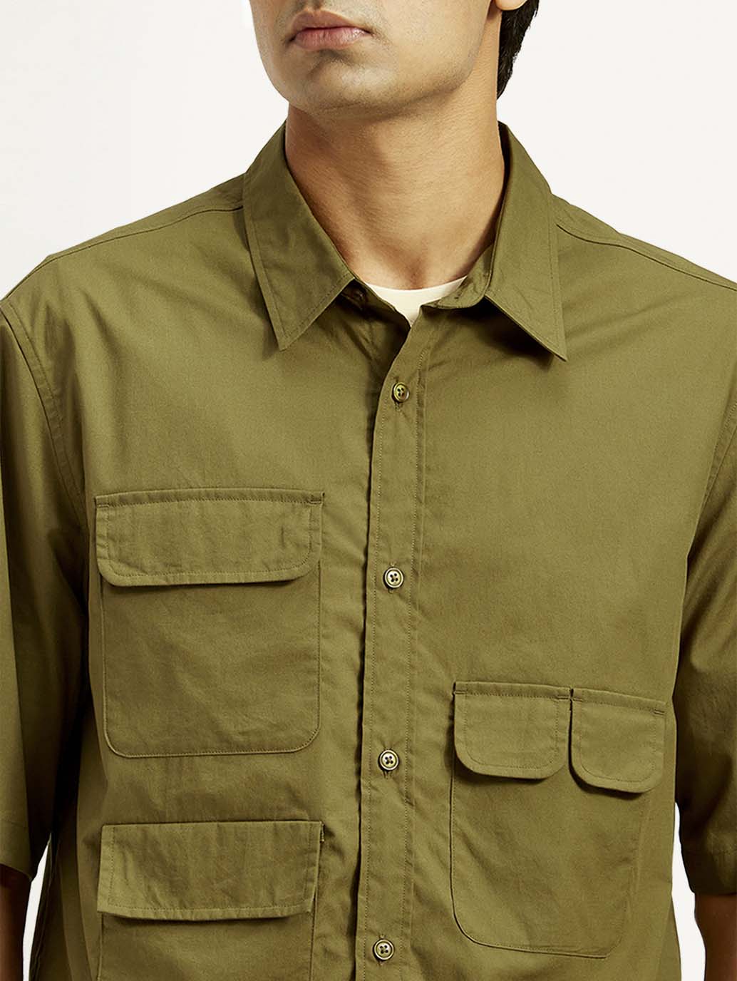 Men's Solid Olive Spread Collar Shirt - Detail View