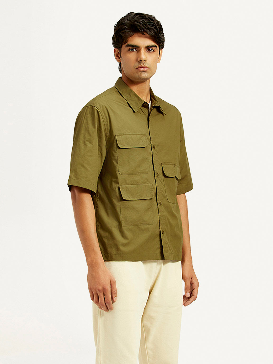 Men's Solid Olive Spread Collar Shirt - Side View