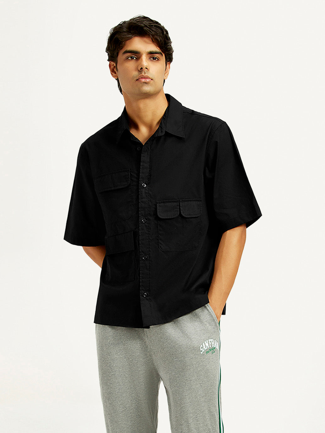 Men's Solid Black Spread Collar Shirt