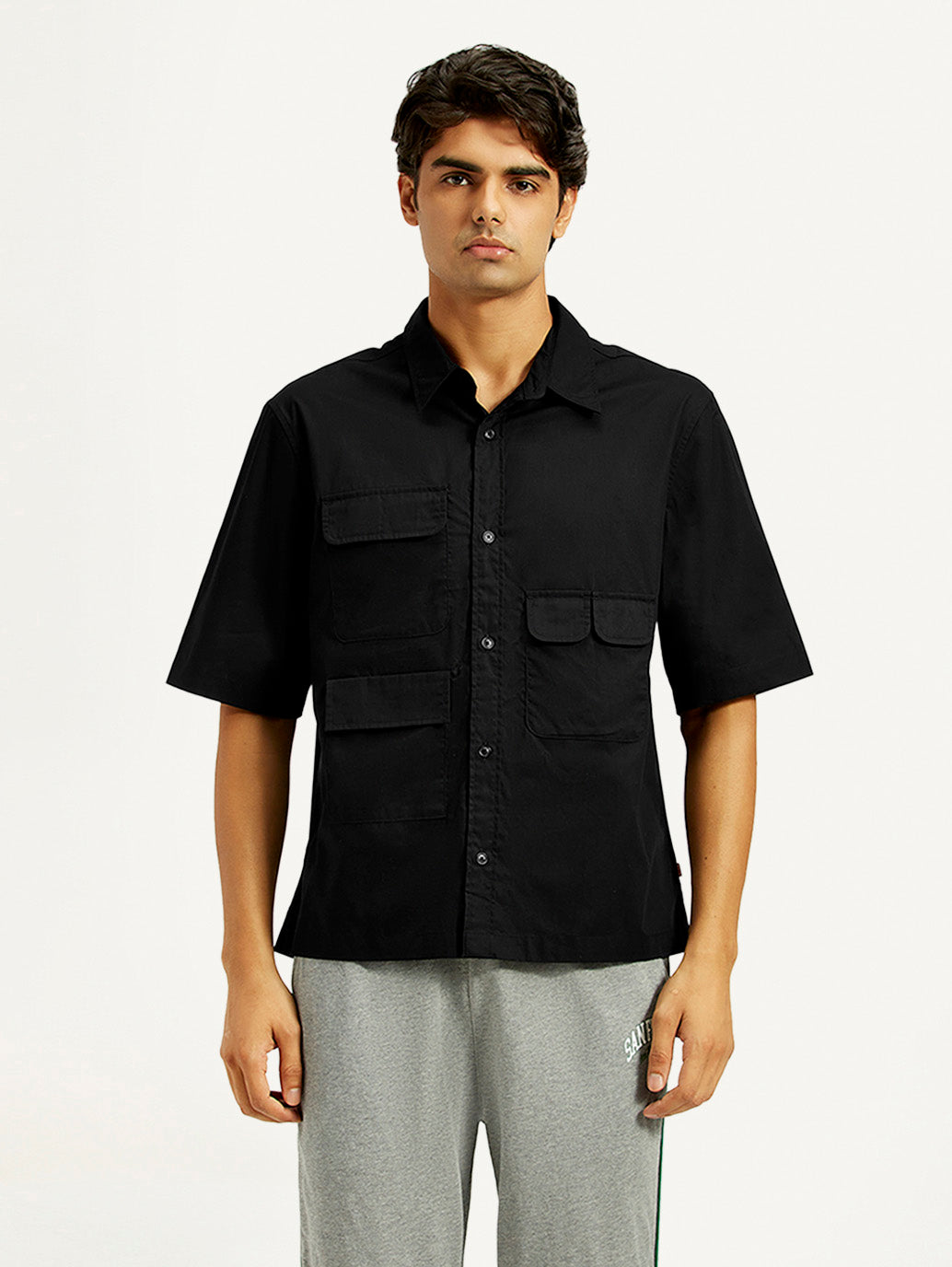 Men's Solid Black Spread Collar Shirt - Front View