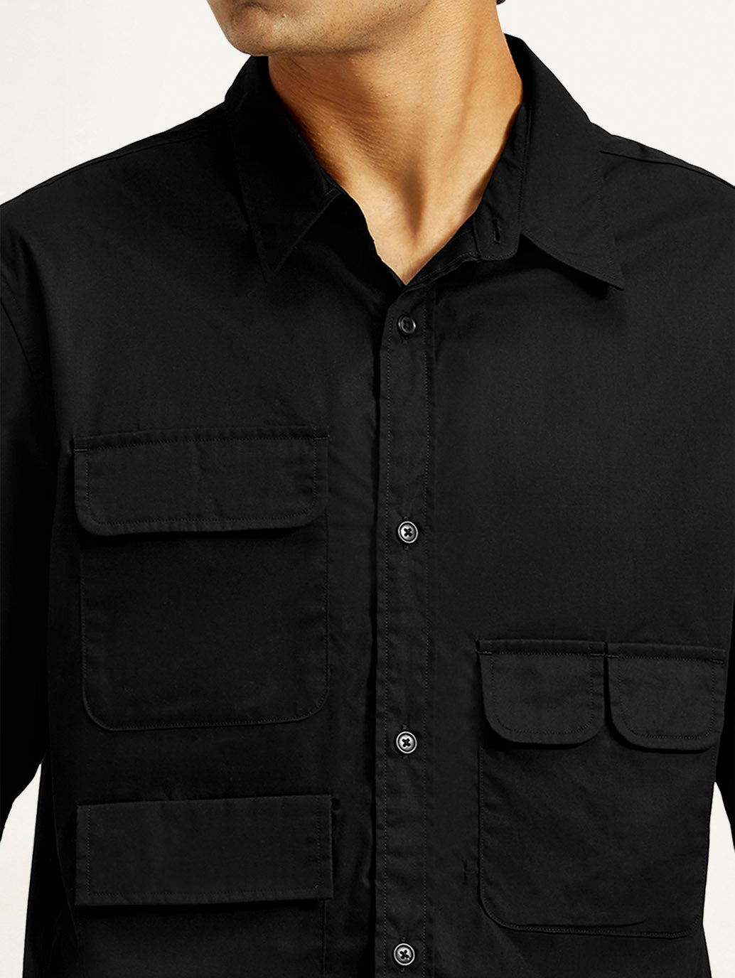 Men's Solid Black Spread Collar Shirt - Detail View