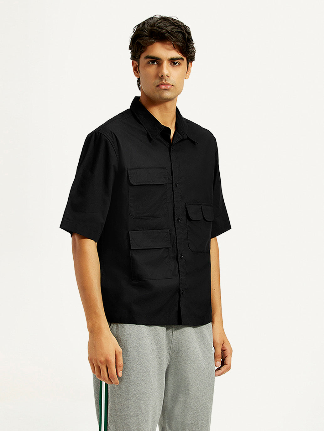 Men's Solid Black Spread Collar Shirt - Side View