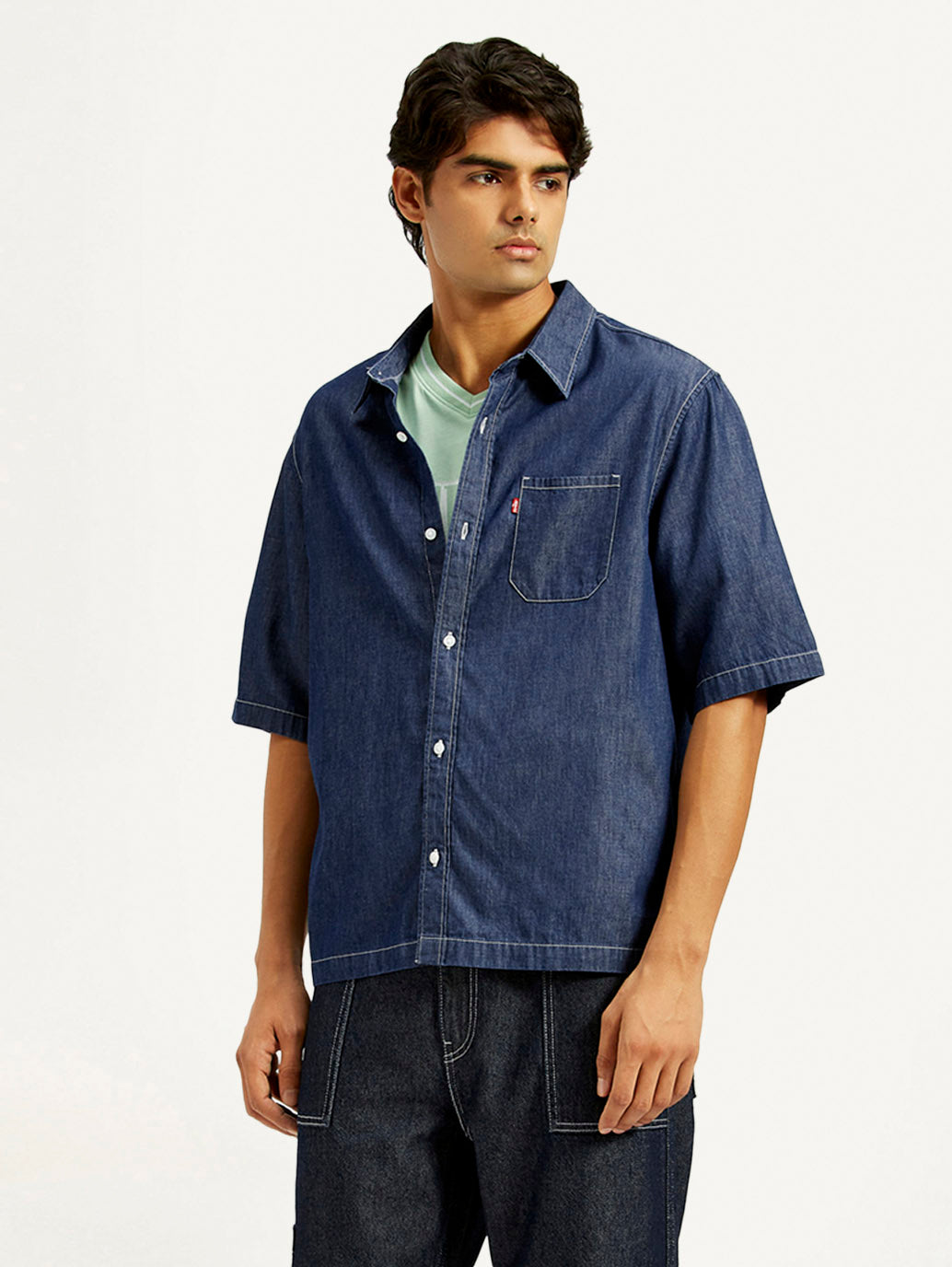 Men's Solid Dark Blue Spread Collar Denim Shirt - Styleshot View