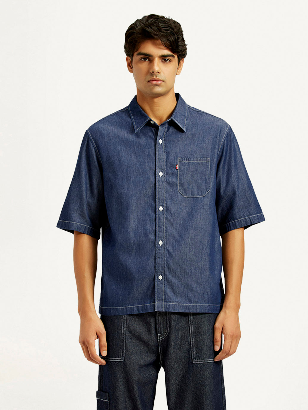 Men's Solid Dark Blue Spread Collar Denim Shirt - Front View