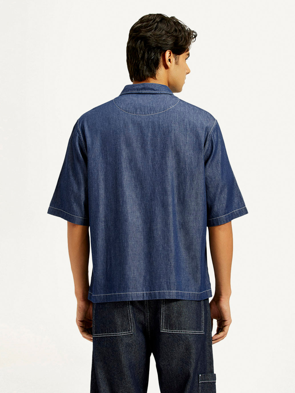 Men's Solid Dark Blue Spread Collar Denim Shirt - Back View