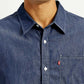 Men's Solid Dark Blue Spread Collar Denim Shirt - Detail View