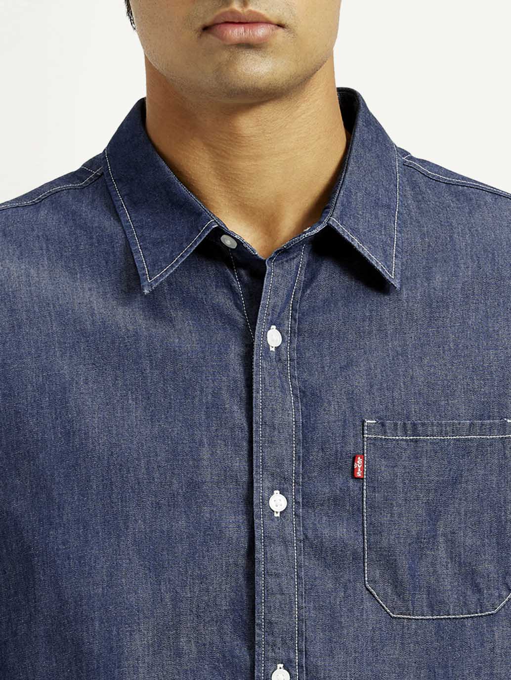 Men's Solid Dark Blue Spread Collar Denim Shirt - Detail View