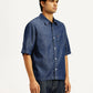 Men's Solid Dark Blue Spread Collar Denim Shirt - Side View