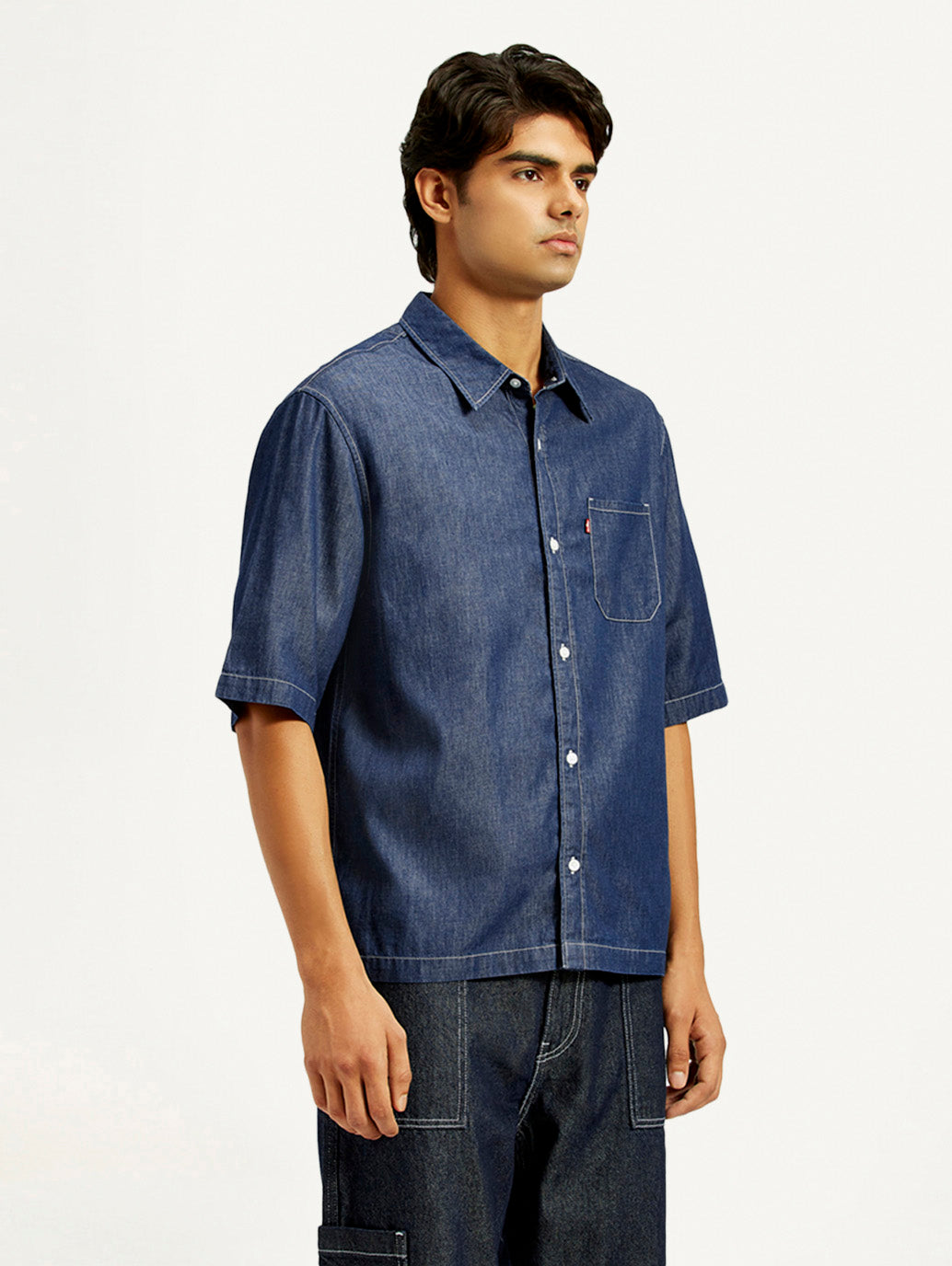 Men's Solid Dark Blue Spread Collar Denim Shirt - Side View