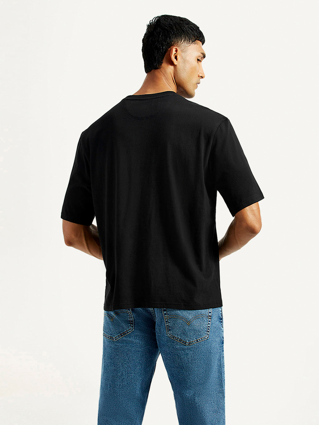 Men's Typographic Print Black Loose Fit T-shirt - Back View