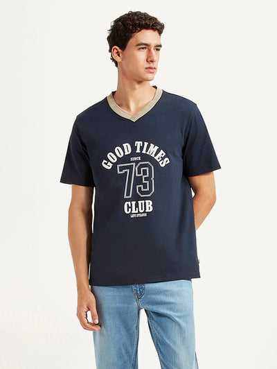 Men's Graphic Print Navy Loose Fit T-shirt-image-2