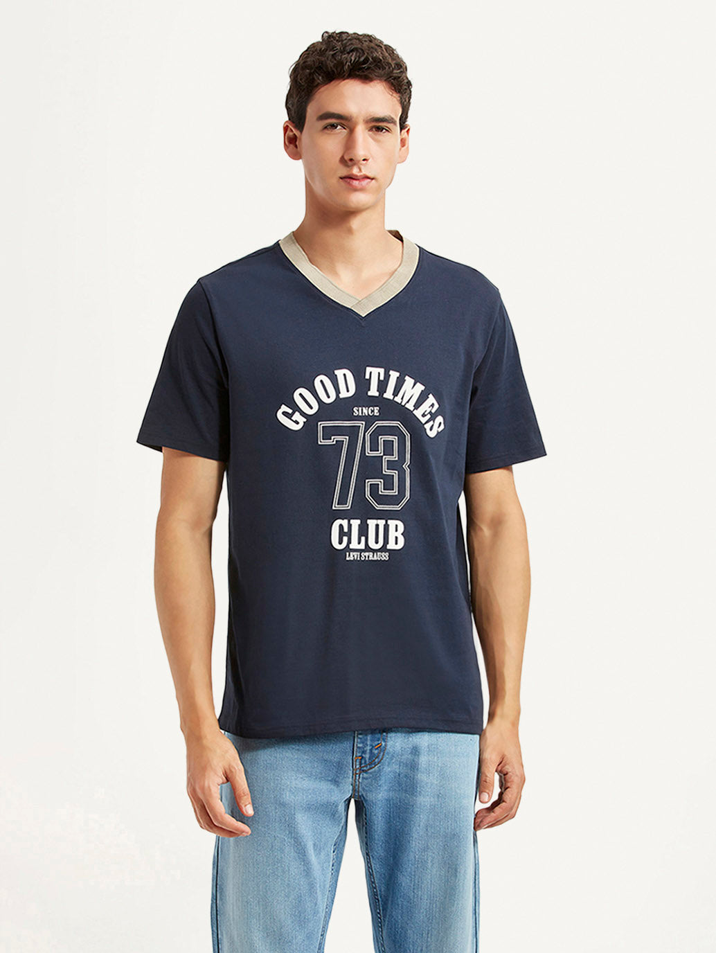 Men's Graphic Print Navy Loose Fit T-shirt - Front View