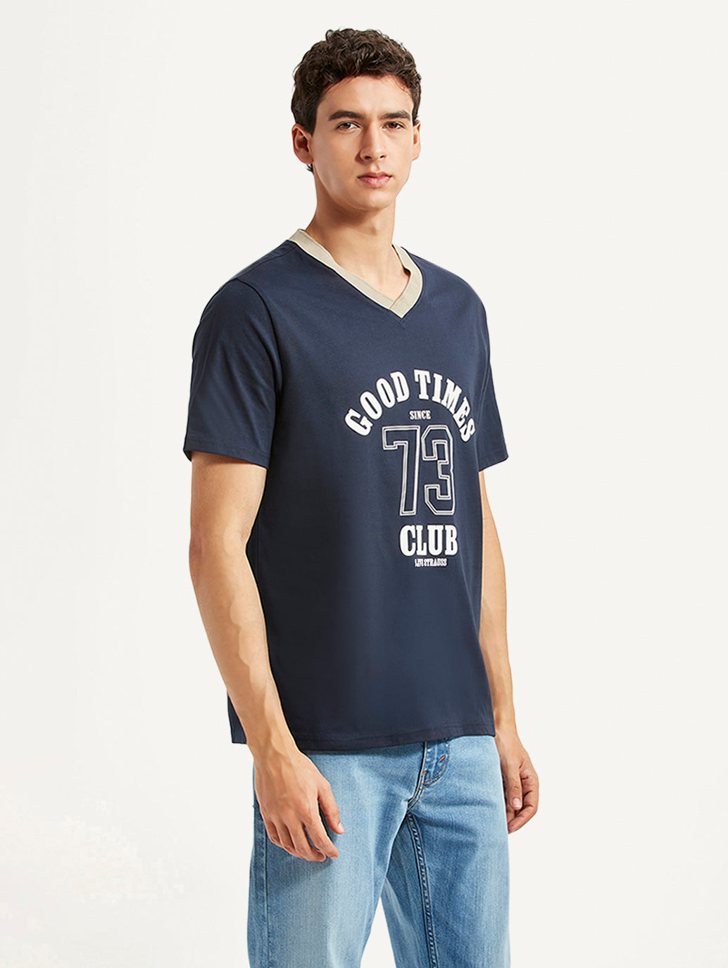 Men's Graphic Print Navy Loose Fit T-shirt - Side View
